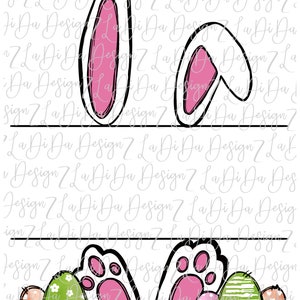 Peut inclure: Une conception numérique représentant une paire d'oreilles de lapin avec l'intérieur rose et des contours noirs. En dessous des oreilles, trois œufs de Pâques avec des rayures vertes, brunes et blanches. Les œufs sont posés sur un lit d'herbe verte.