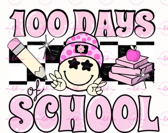 100 Tage Schule Smiley Retro Schule PNG Transfer Digital Download | Rosa | Bücher Bleistift Apfel | Frieden | Smile Tragemütze