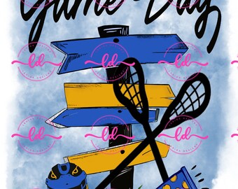Game Day Gold und Blau Lacrosse Wegweiser PNG digitaler Download über Sticks Platte