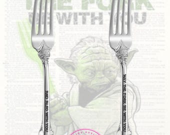 May The Fork Be With You And Also With You Forks | Laser Engraved | Anniversary Wedding | Housewarming | Set with Gift Box | Silver