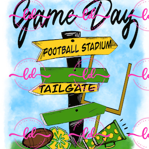Día del juego Señales de dirección verdes y amarillas PNG Descarga digital Tailgate Football Megáfono Pom Pom Goal