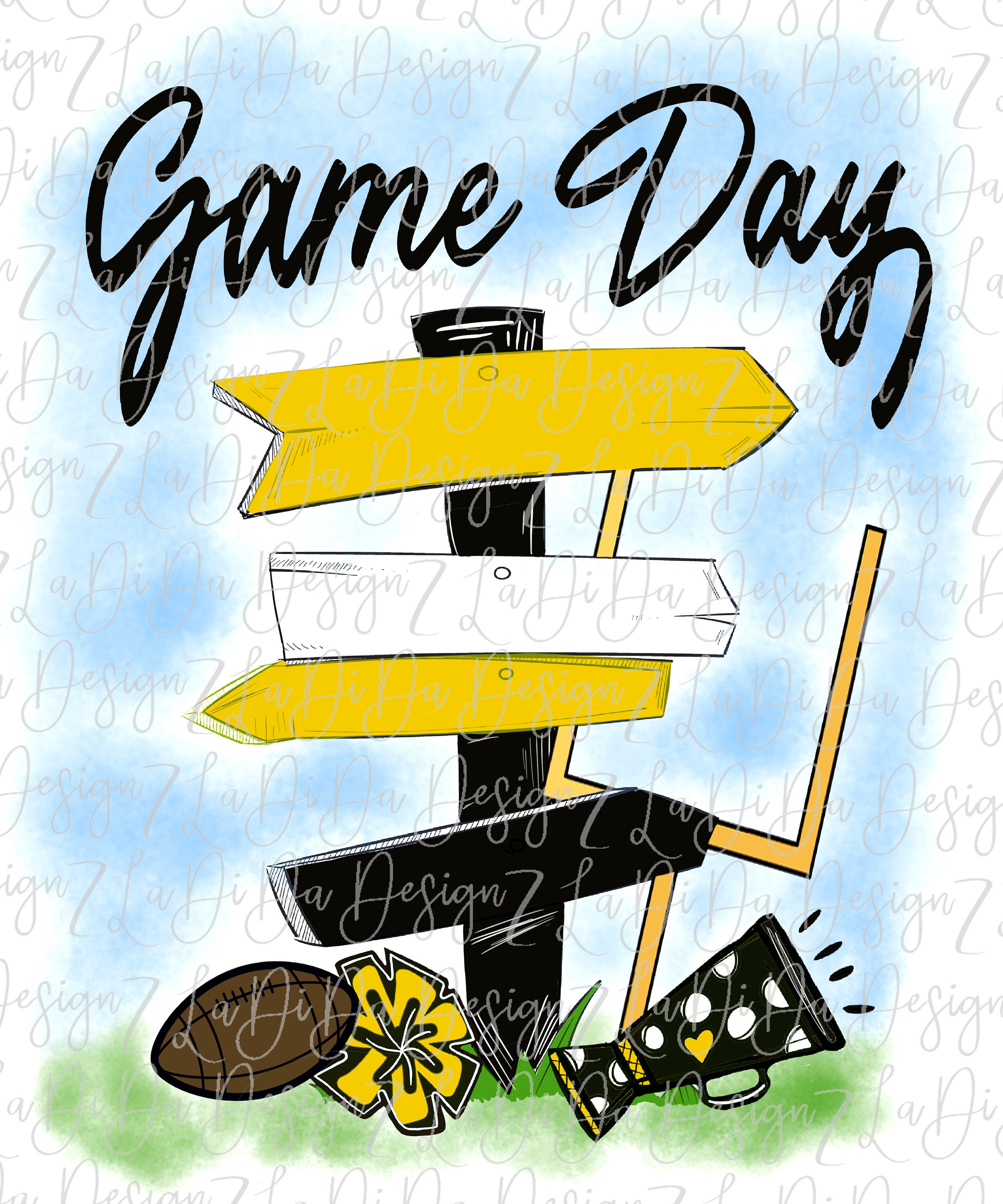 Game Day Black Gold Direction Signs PNG Digital Download Tailgate Football Megaphone Pom Pom Goal