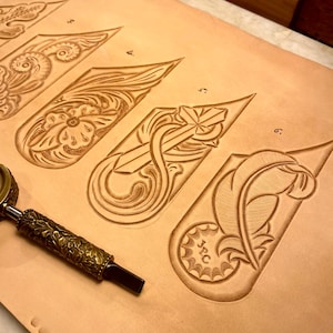 Pancake sheaths 4, 5 & 6. 3x Leather tooling / carving Pattern / stencils. 3x feather, cross and flower pancake sheath. PDF digital download