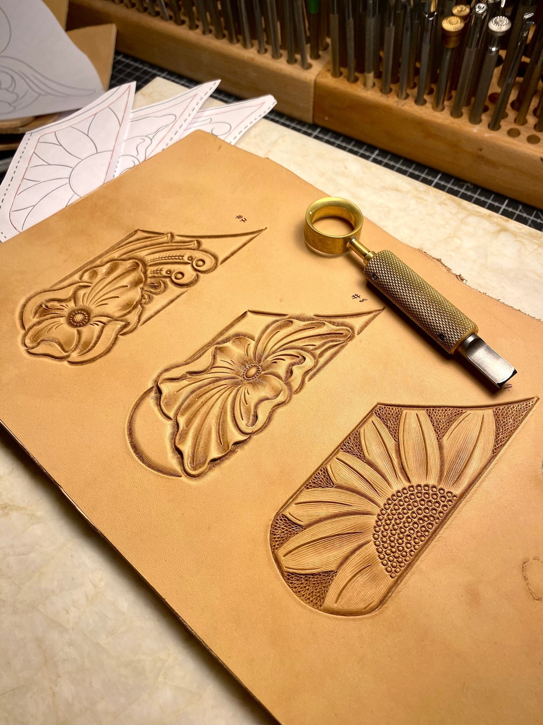 Pancake Sheaths 7, 8 & 9. 3x Leather Tooling / Carving Pattern / Stencils. 3x Floral, and