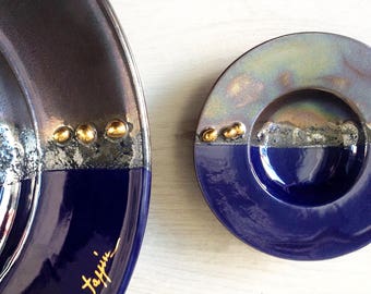 Night blue sea plate with gold finishing Tappin collection | Sardinia ceramics | home decoration | marine style