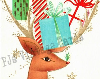 Vintage MCM Christmas Card Deer Reindeer Presents on Antlers  Starbursts Digital Download