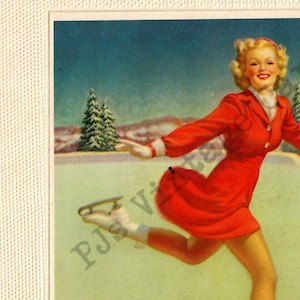 Pretty 1940s Lady Ice Skating Vintage Christmas Card Red Dress Skates Digital Download