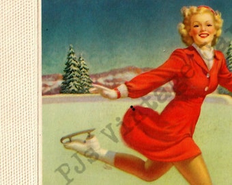 Pretty 1940s Lady Ice Skating Vintage Christmas Card Red Dress Skates Digital Download