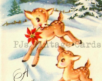 Vintage Christmas Card Digital Image Baby Deer Reindeer