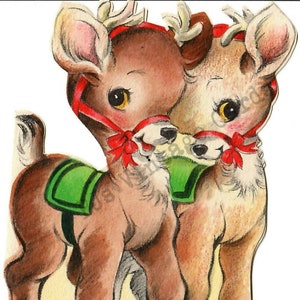 Digital Download Adorable Baby Deer Reindeer Fawn Pair Vintage Card Image