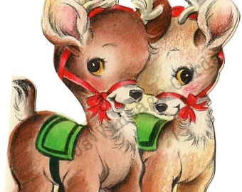 Digital Download Adorable Baby Deer Reindeer Fawn Pair Vintage Card Image