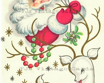 Digital Mid Century MCM Santa White Reindeer Deer  Retro Christmas Card Printable