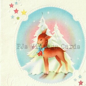 Vintage Christmas Card Adorable Deer Reindeer White Trees Aqua Pink  Colors Mid Century Digital Download