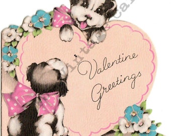 Adorable Vintage Valentine Pink Heart Puppy Dogs Blue Flowers Polka Dot Bow Digital Download