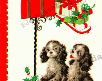 2 AdorableCocker Spaniel  Puppy Dogs Christmas Mailbox full of Presents Vintage Card Digital Scan