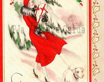 Vintage Christmas Card Digital Download Pretty 1930s Lady Girl Walking Dog Shopping i n the Snow