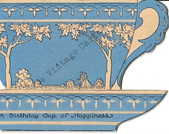 Digital Download Vintage Birthday Card Blue Teacup Diecut Image Greeting Card
