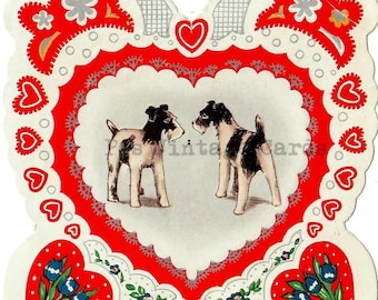 Digital Vintage Antique Black & White Terrier Dogs Heart Frame Valentine Image Art Deco