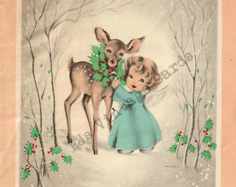 Darling Little Girl Angel Deer Fawn Blue Dress Snow Trees Holly  Digital Vintage Christmas Card Download