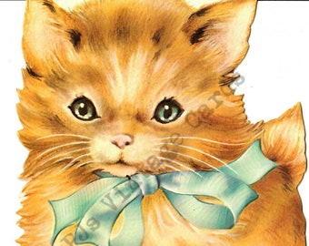 Adorable Kitty Cat Kitten with Blue Ribbon  Bow Vintage Birthday Card Front & Back Double Sided Digital Download Image