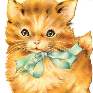 Schattig Kitty Cat Kitten met blauw lint strik Vintage verjaardagskaart voor- en achterkant dubbelzijdig digitaal downloadbeeld