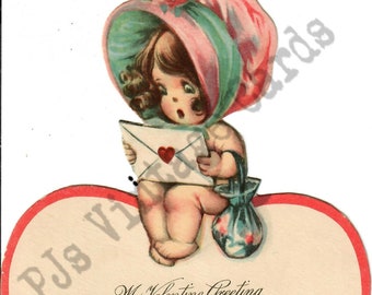 Little Girl Sits Atop A Big Heart Looking at Her Valentine Vintage Greeting Card Digital Download