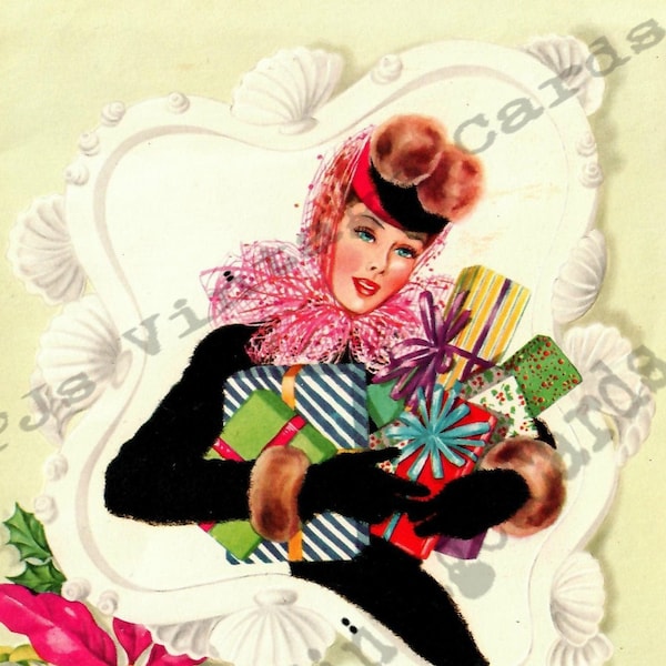 Pretty 1940s Lady Girl Shopping Presents Vintage Christmas Card Digital Download