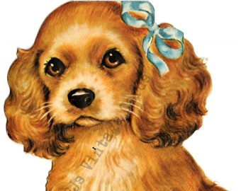 Cocker Spaniel Puppy Dog Vintage Greeting Birthday Card Blue Bow Ribbon Digital Download Image