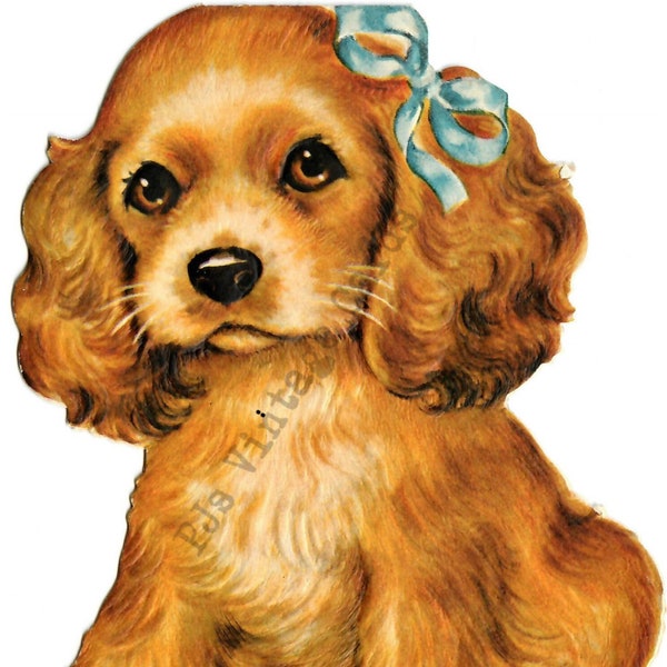 Cocker Spaniel Puppy Dog Vintage Greeting Birthday Card Blue Bow Ribbon Digital Download Image