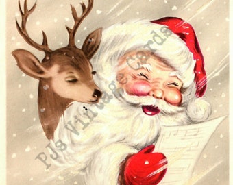 Vintage Santa Claus with Reindeer Deer Snow Blizzard  Digital Christmas Card