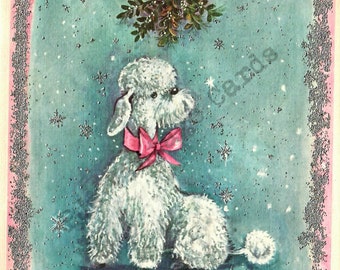 Vintage Poodle Dog Mid Century Christmas Card White Aqua Pink MIstletoe Digital Download