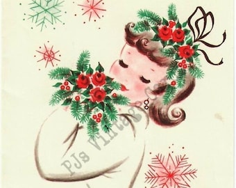 Digital Vintage Christmas Card Image Pretty Mid Century Girl White Dress Festive Holly Bouquet Red & Green Snowflakes Starbursts MCM