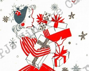 May include: A vintage Christmas card featuring a woman in a red and white striped dress holding presents and walking a black poodle. The text "Time Again" is written in red at the top of the card.