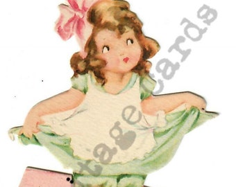 Vintage Pretty Little Girl on Big Pink Heart Valentine Green Dress White Pinafore Big Pink Bow Mary Jane Shoes Digital Download Image