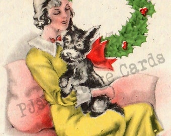 1930s Pretty Lady Scotty Dog Red Bow Yellow Dress Wreath Pink Vintage Christmas Card Digital Download