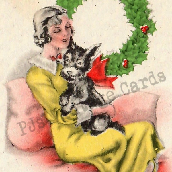 1930s Pretty Lady Scotty Dog Red Bow Yellow Dress Wreath Pink Vintage Christmas Card Digital Download