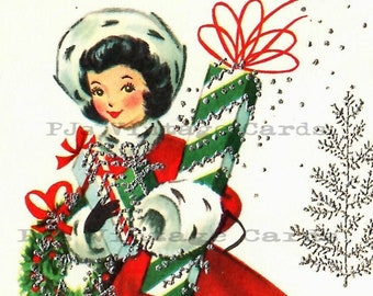 Vintage Christmas Card Image Retro Lady Girl Shopping Gifts Wreath Poodle Dog Fur Trimmed  Red  Coat Dress Boots Muff Digital Download