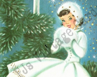 Vintage Christmas Card Pretty  Girl White Dress Gold Trim Pine Boughs Starbursts Blue Mid Century Retro Digital Download Image