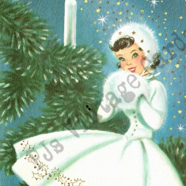 Vintage Christmas Card Pretty  Girl White Dress Gold Trim Pine Boughs Starbursts Blue Mid Century Retro Digital Download Image