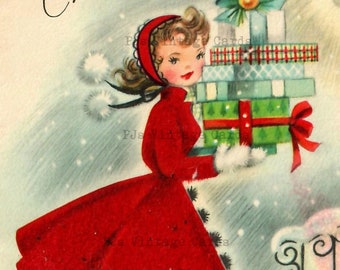Digital Download Pretty Girl Young Lady Pile of Presents  Snow Vintage Christmas Card