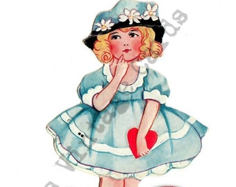 Pretty Little Girl Digital Valentine Image Blue Dress Daisy Hat Big Red Heart