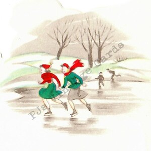 Vintage Christmas Card Digital Download Image Pretty '40s Girl Green Mittens Red White Hat Blond Lady Looks in Mirror image 3