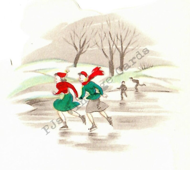 Vintage Christmas Card Digital Download Image Pretty '40s Girl Green Mittens Red White Hat Blond Lady Looks in Mirror image 3