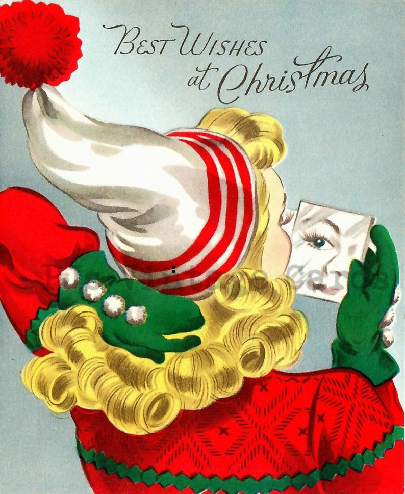 Vintage Christmas Card Digital Download Image Pretty '40s Girl Green Mittens Red White Hat Blond Lady Looks in Mirror image 1
