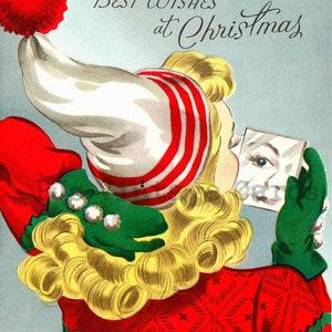 Vintage Christmas Card Digital Download Image Pretty '40s Girl Green Mittens Red White Hat Blond Lady Looks in Mirror image 2