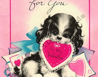 Vintage Valentine Digital Image Black-White Cocker Spaniel Puppy Dog Pink Heart Blue Bow Ribbon Adorable