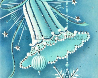 Vintage Christmas Card Image Beautiful Bell Aqua Blue White  Snowflakes Starburst Digital Download