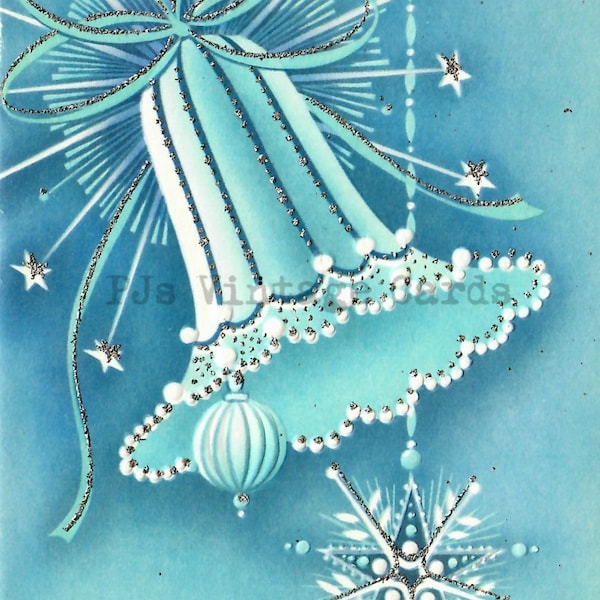 Vintage Christmas Card Image Beautiful Bell Aqua Blue White  Snowflakes Starburst Digital Download