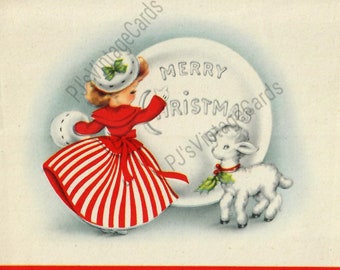 Digital Vintage Christmas Card Image Pretty Girl Red White Striped Skirt Hat Holly & Little Lamb Adorable!!