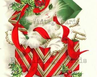 Digital Vintage Christmas Card Image Cute White Kitten Kitty Cat Green Eyes in  Gift Box Present Holly Ribbon Bow  Ornaments